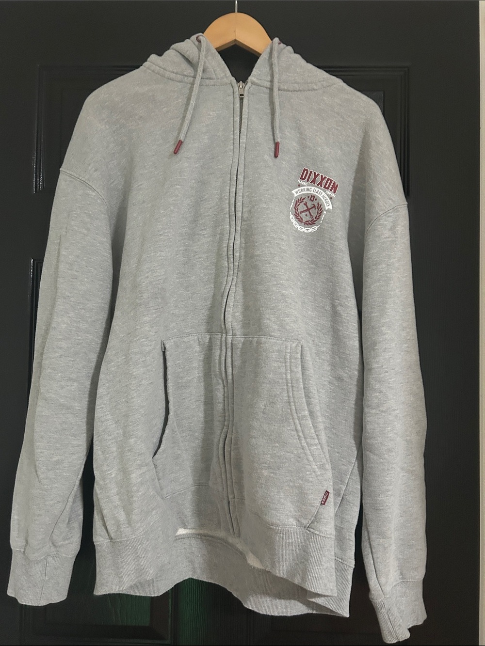 DIXXON Light Gray Zip-Up Hoodie with Maroon Logo
